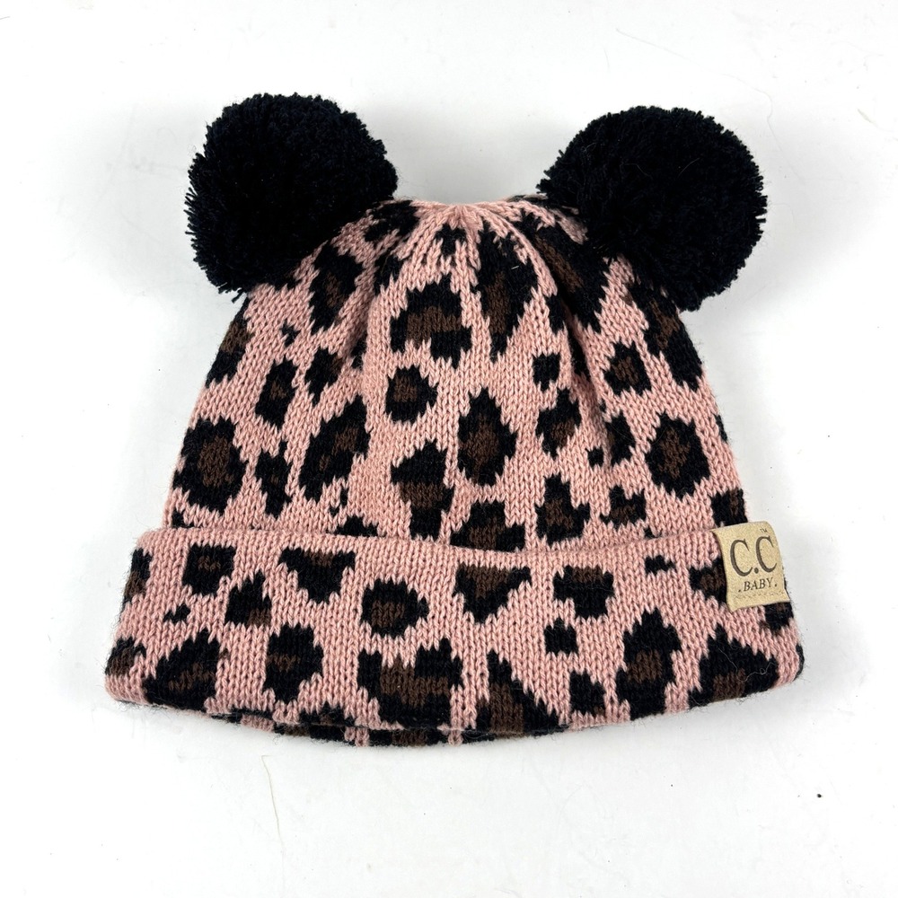 C.C. Beanie Hat Baby OS Pink Leopard Double Pom‎ Pom Knit Cap